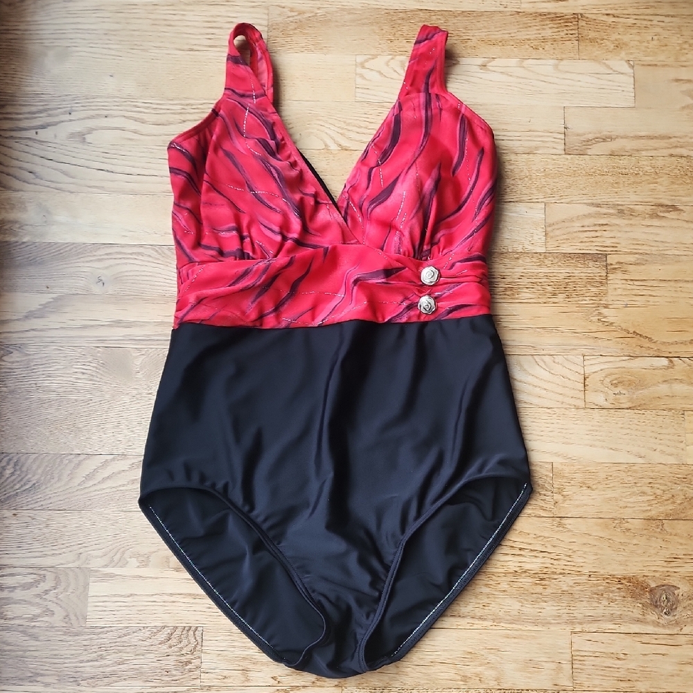 (16) Christina Red and Black One-Piece Swimsuit Gold Glitter Button Accent Swim